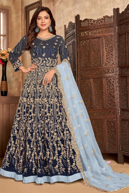 Blue Embroidered Anarkali Suit in Faux georgette