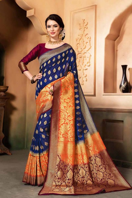 Blue & Orange Raw Silk saree