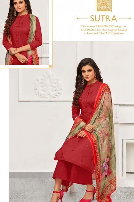 Red Cambric Cotton Palazzo Suit