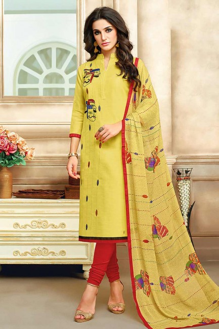 Traditional Yellow Chanderi Cotton Churidar Suit