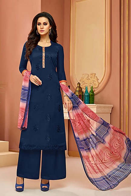 Aqua Blue Model Silk With Embroidery Palazzo Suit