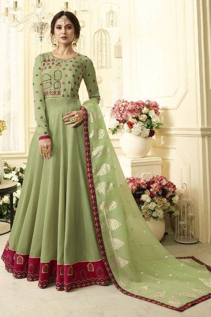 Light Green Silky Banglori Silk Soft Organza Anarkali Suit
