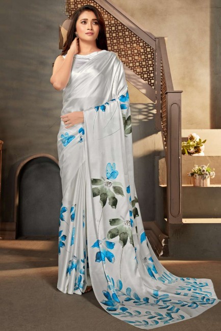 Silver Saree in Satin with Digital print