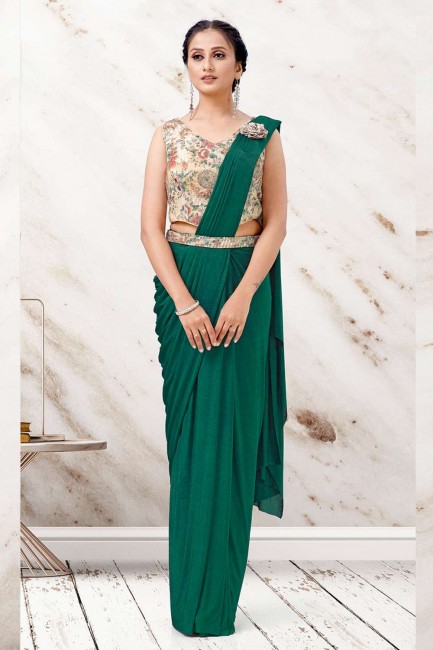 Embroidered Saree in Green Lycra