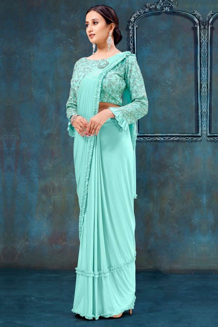 Turquoise blue Saree in Lycra with Embroidered