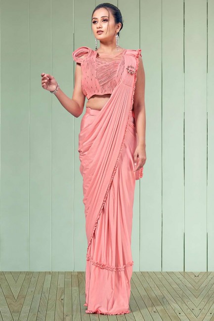 Lycra Saree in Peach with Embroidered