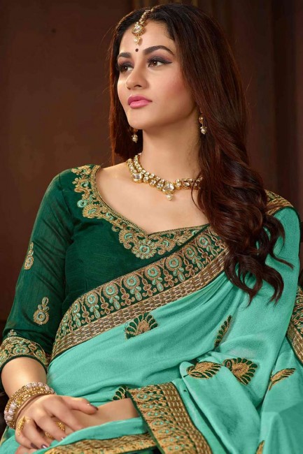 Turquoise, Forestgreen Vichitra Silk saree