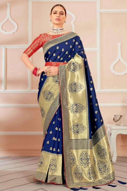 Banarasi silk Banarasi Saree in Navy blue with Weaving