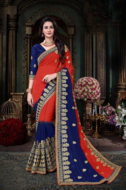 Red , Nevy Blue Georgette saree