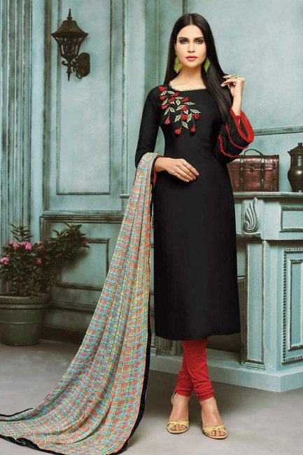 Traditional Black Chanderi Cotton Churidar Suit