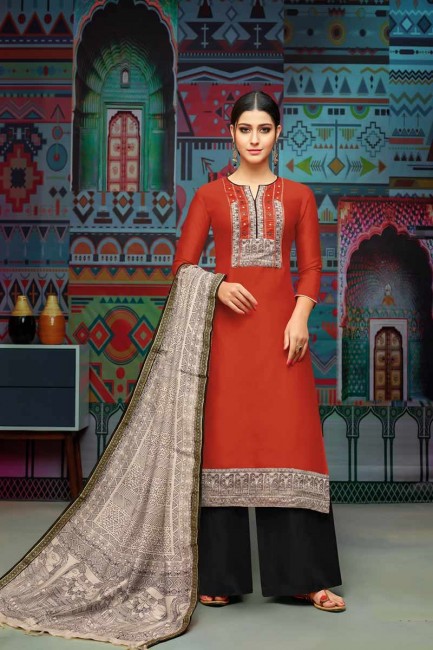 Traditional Red Modal Chanderi Cotton Palazzo Suit