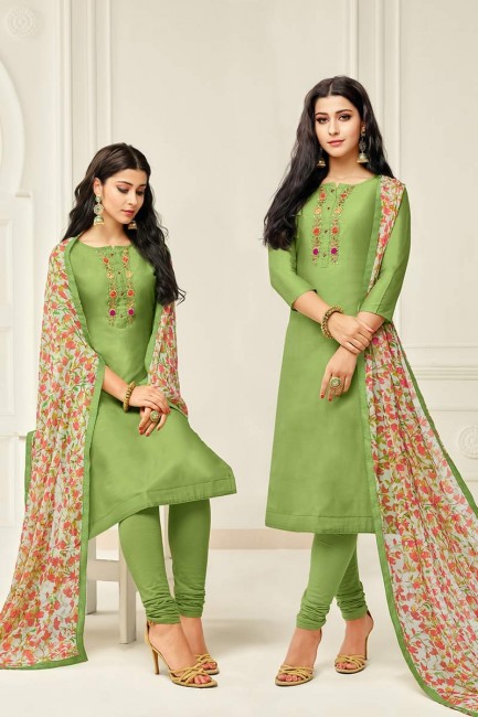 Fascinating Green Chanderi Cotton Churidar Suit