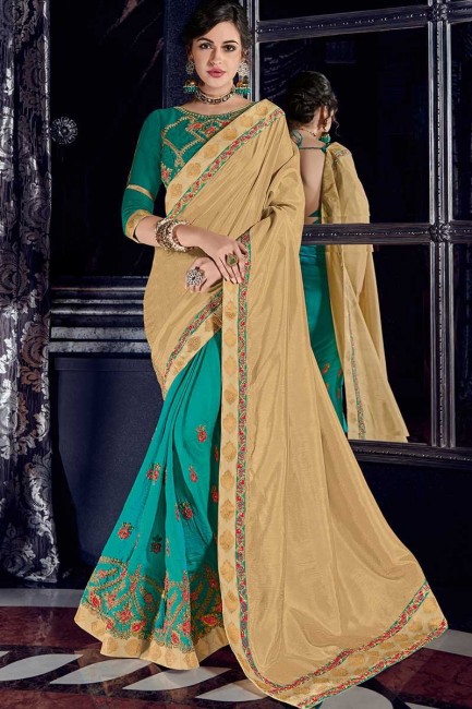 beige and cyan silk fabrics and two tone silk fabrics saree