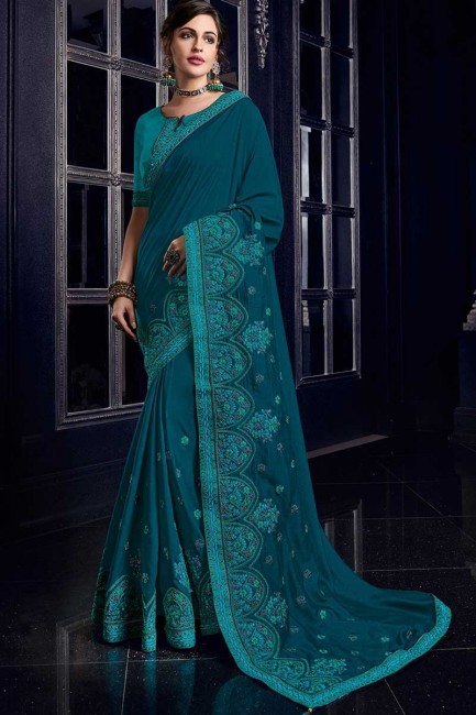 peacock blue silk fabrics saree