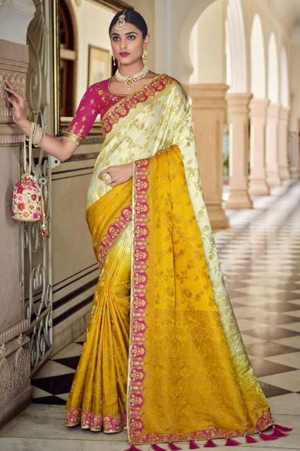 Weaving Banarasi Saree in Yellow Banarasi silk