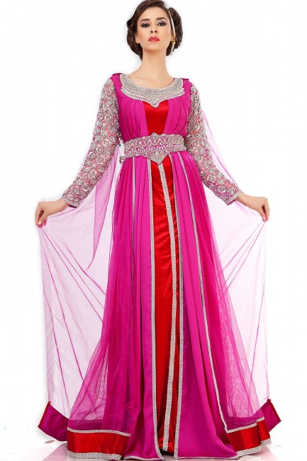 Pink Net,satin and velvet Abaya Kaftan