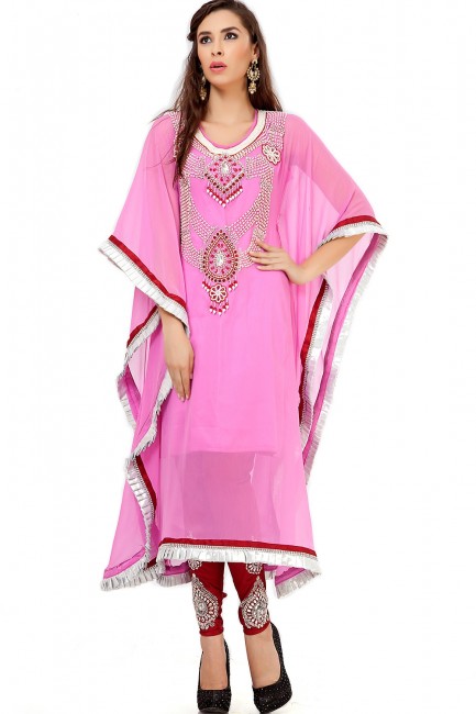 Pink Chiffon,crepe,silk and brocade Abaya Kaftan
