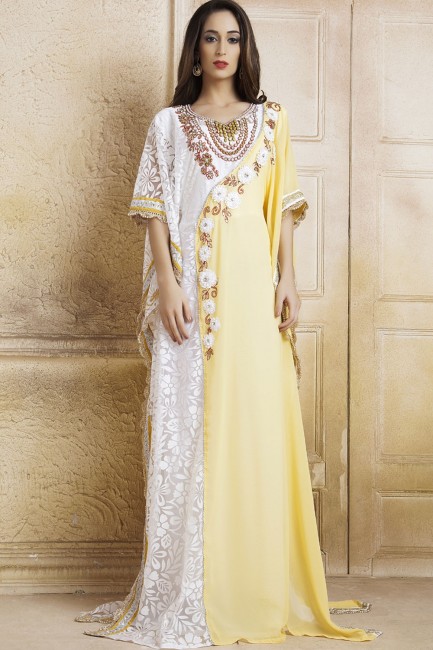 Yellow,white Georgette and net Abaya Kaftan