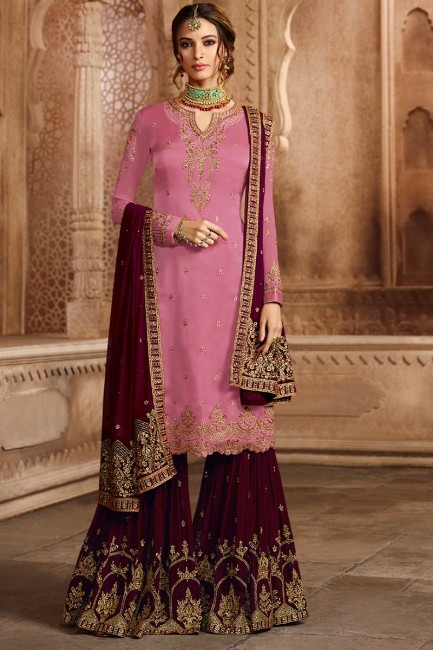 New Pink Satin Georgette Palazzo Suit