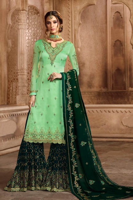 Dazzling Light Green Satin Georgette Palazzo Suit