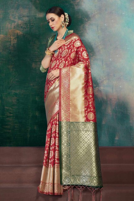 Red, Green Banarasi Silk saree