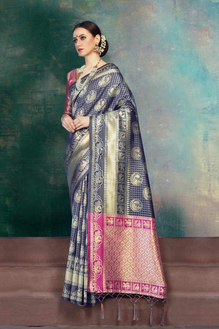 Navy Blue, Pink Banarasi Silk saree