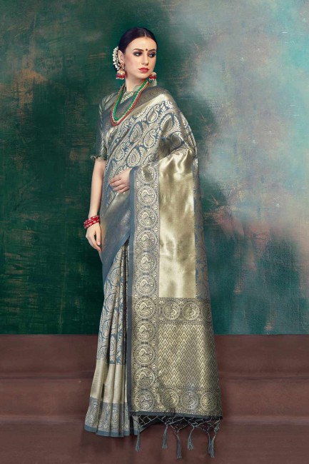 Stunning Grey Banarasi Silk saree