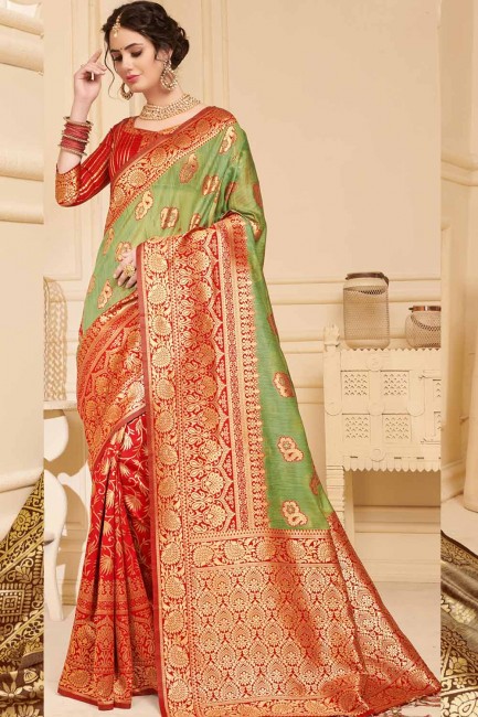 Green & Red Linen Silk  saree