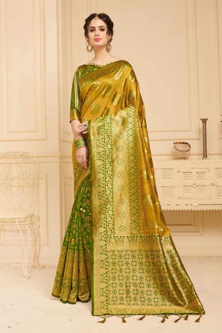 Golden 7 Green Linen Silk  saree
