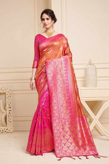 Golden & Pink Linen Silk  saree