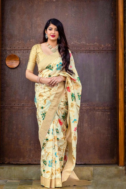 Cream Banarasi Silk saree