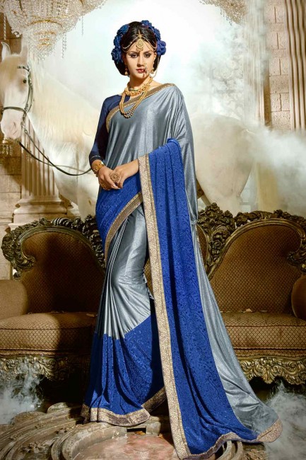 Two Tone Grey &Blue synthatic silk saree