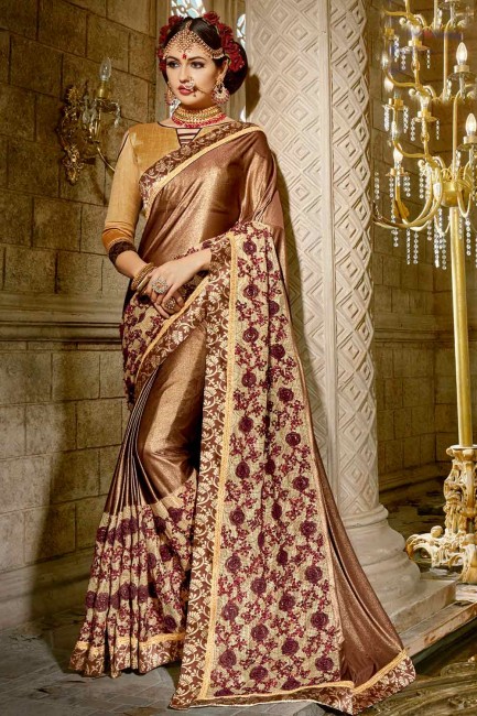 Gold Copper synthatic silk saree