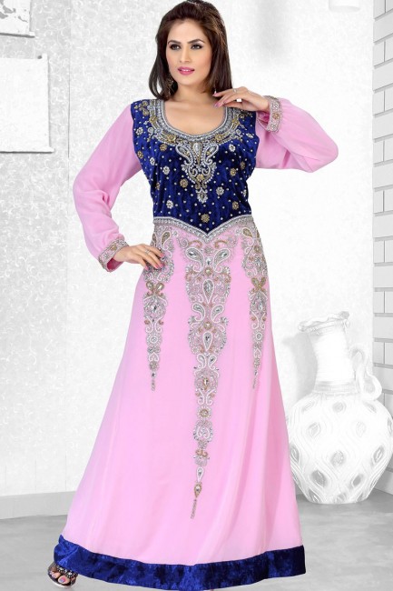 Baby pink & royal blue  Georgette and velvet Abaya Kaftan
