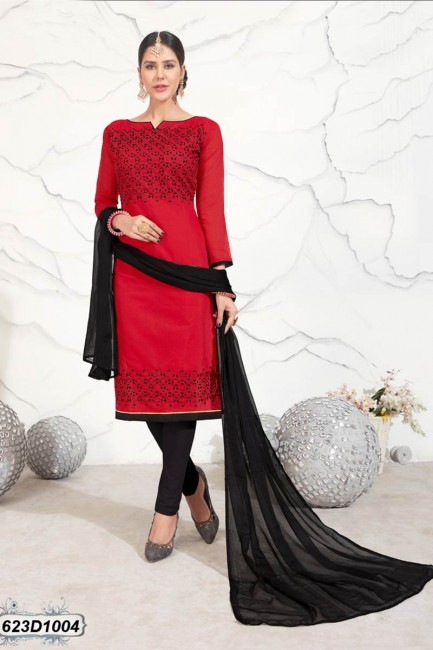 Stylish Red color Chanderi Churidar Suit