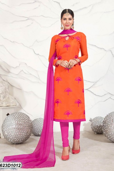 Enticing Orange color Chanderi Churidar Suit