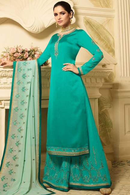 Satin Georgette Green Palazzo Suits with dupatta