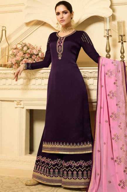 Purple Satin Georgette Palazzo Suits with dupatta