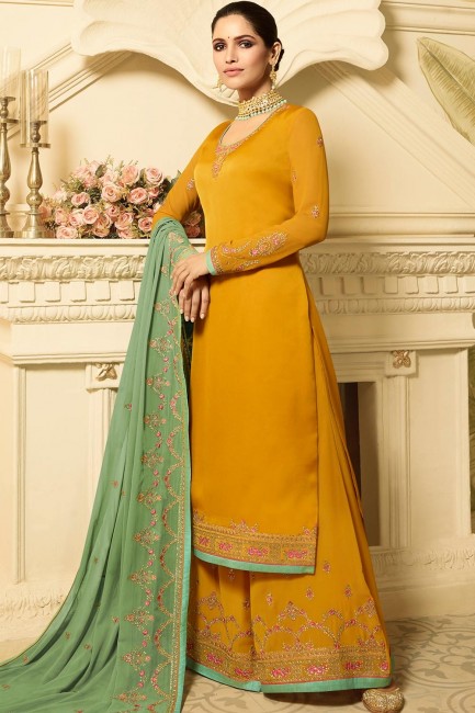 Yellow Satin Georgette Palazzo Suits with dupatta