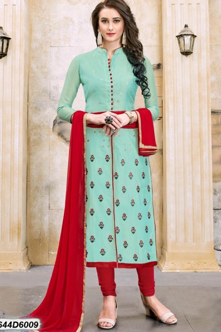 Classy Turquoise color Chanderi Churidar Suit