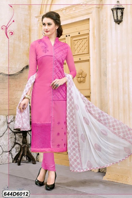 Indian Ethnic Pink color Chanderi Cotton Churidar Suit