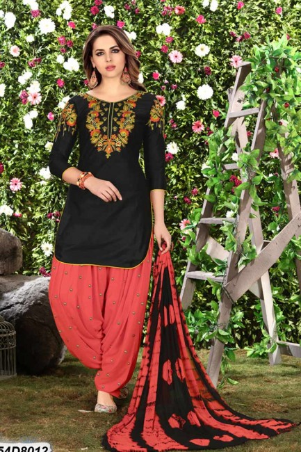 Alluring Black Cotton Satin Patiala suit