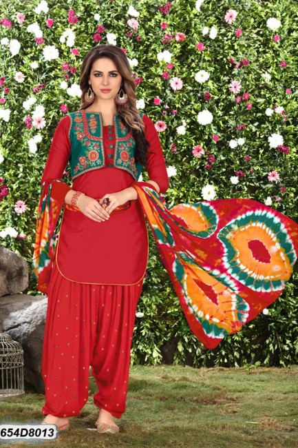 Alluring Red Cotton Satin Patiala suit