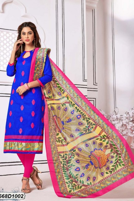 Opulent Royal Blue color Khadi Cotton Churidar Suit
