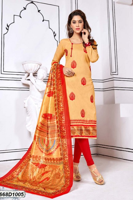 Gorgeous Beige color Khadi Cotton Churidar Suit