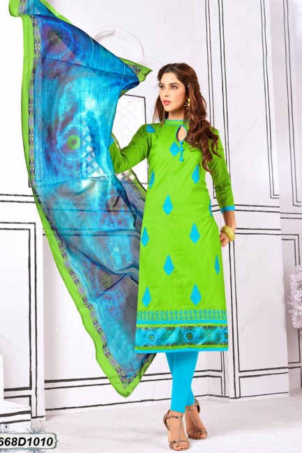 Contemporary Green color Khadi Cotton Churidar Suit