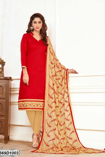 Red color Khadi Cotton Churidar Suit
