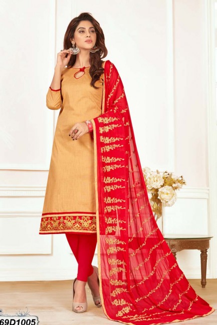 Appealing Beige color Khadi Cotton Churidar Suit