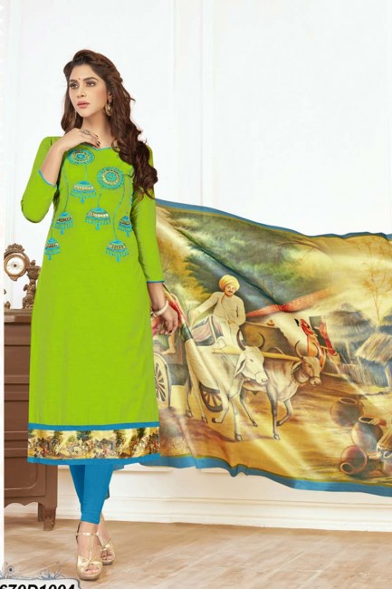 Impressive Green color Khadi Cotton Churidar Suit