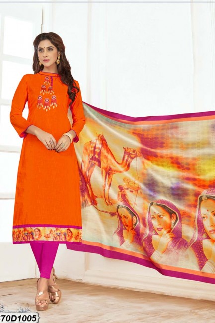 Traditional Orange color Khadi Cotton Churidar Suit
